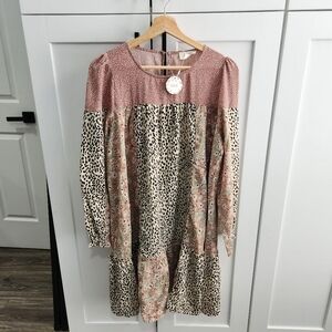 Oddi Boho Chic Mixed Print Dress Animal Floral Long Sleeve size Large